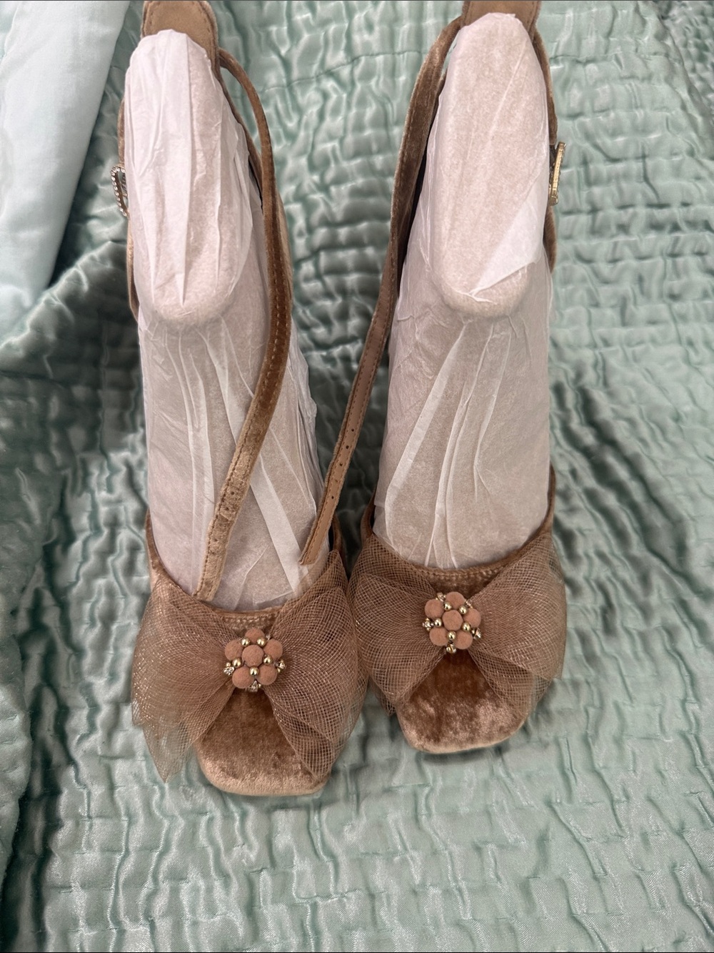 Sam Edelman Velvet Tulle Block Heel Pumps in Light Brown - Picture 4 of 5